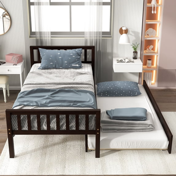 Leumius Twin Size Bed Frame with Trundle, Platform Bed Frame with Headboard and Footboard for Bedroom Small Living Space Espresso