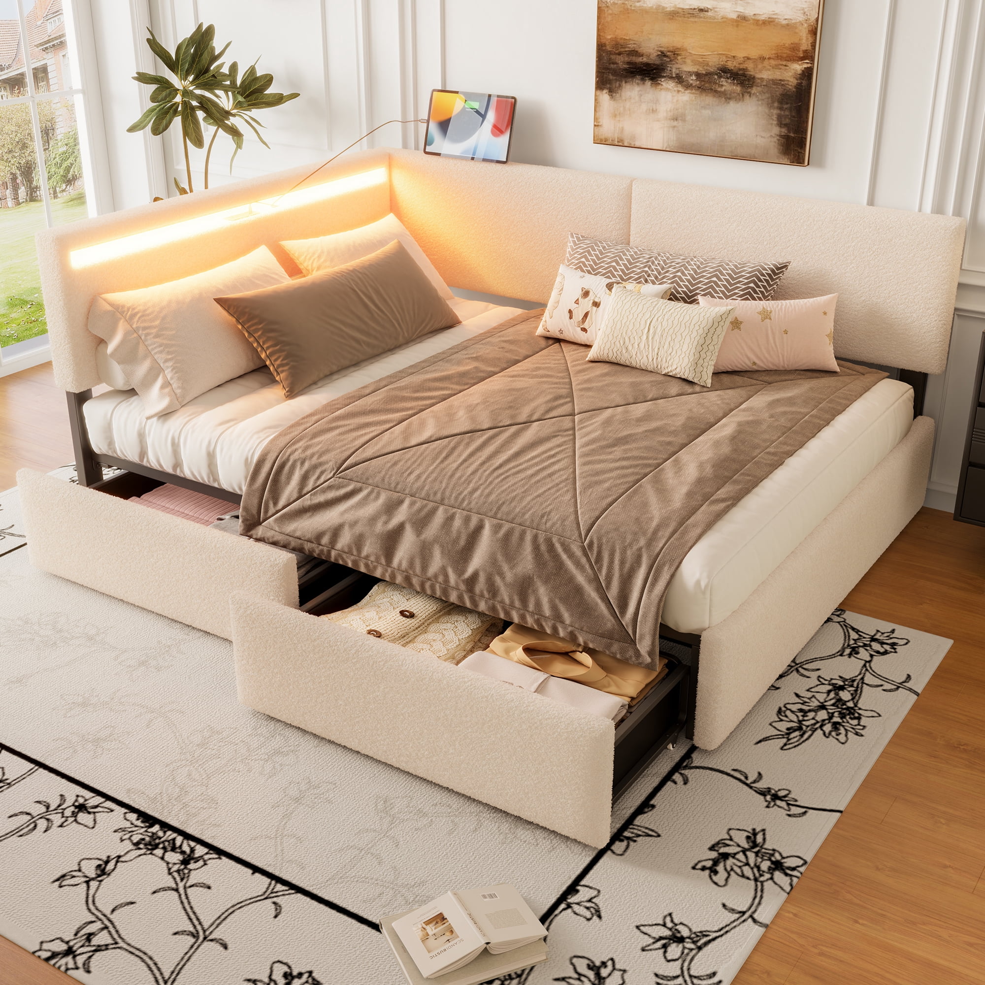 Leumius Twin Size Boucle Bed Frame, Upholstered Cloud Bed Frame with Headboard, 2 Storage Drawers, LED light and USB Charging Design, Solid Wood Legs and Slats for Bedroom Guest Room Beige