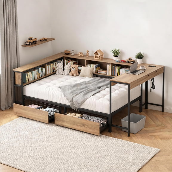 Leumius Twin Size Corner Bed Frame with Bookcase and 2 Underbed Storage Drawers, Modern Twin Bed with LED Light and Charging Station for Bedroom Guest Room