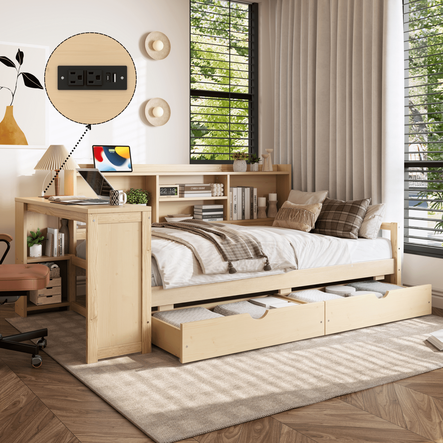 Leumius Twin Size Corner Bed with Desk and Storage Bookcase,Modern Daybed with 2 Drawers,Twin Size Wood Bed Frame with Charging Station,Natural