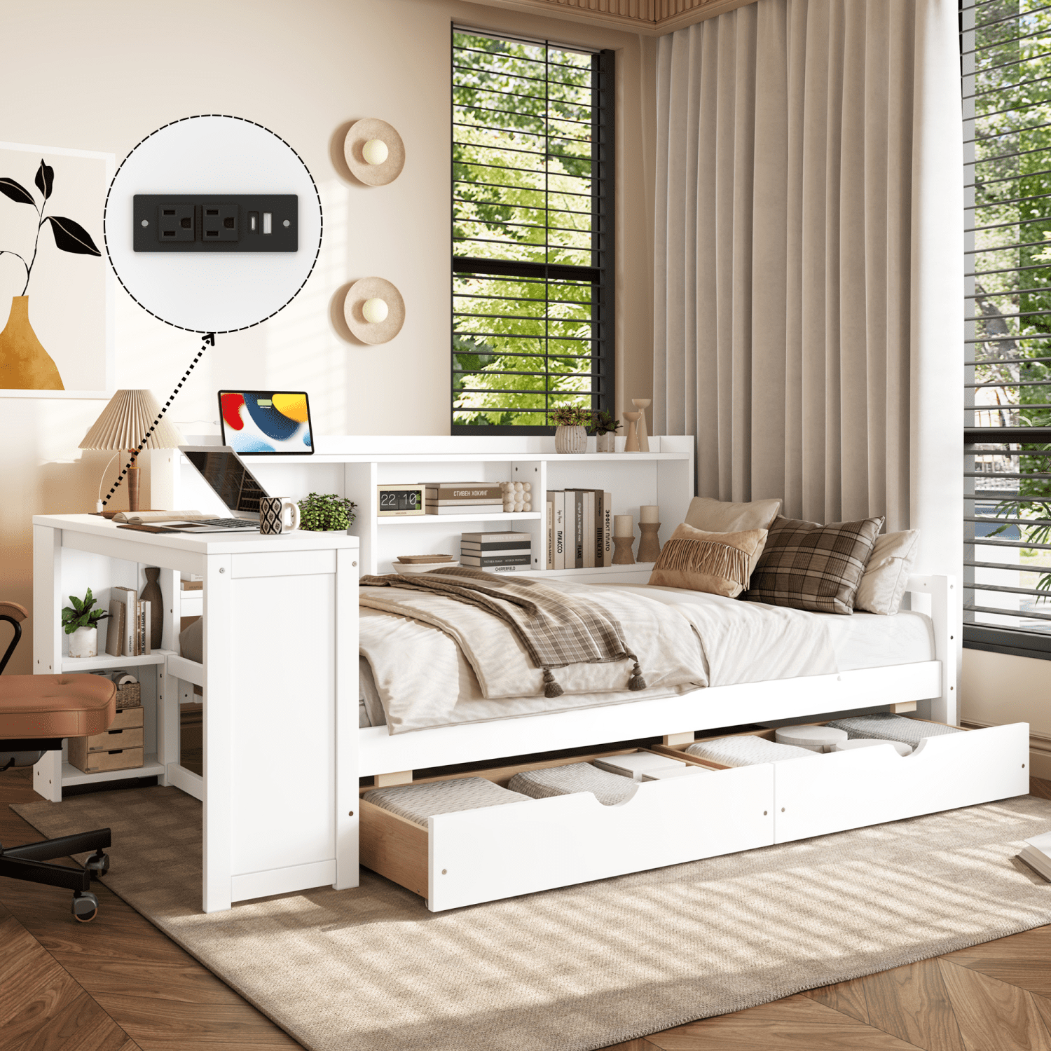 Leumius Twin Size Corner Bed with Desk and Storage Bookcase,Modern Daybed with 2 Drawers,Twin Size Wood Bed Frame with Charging Station,White