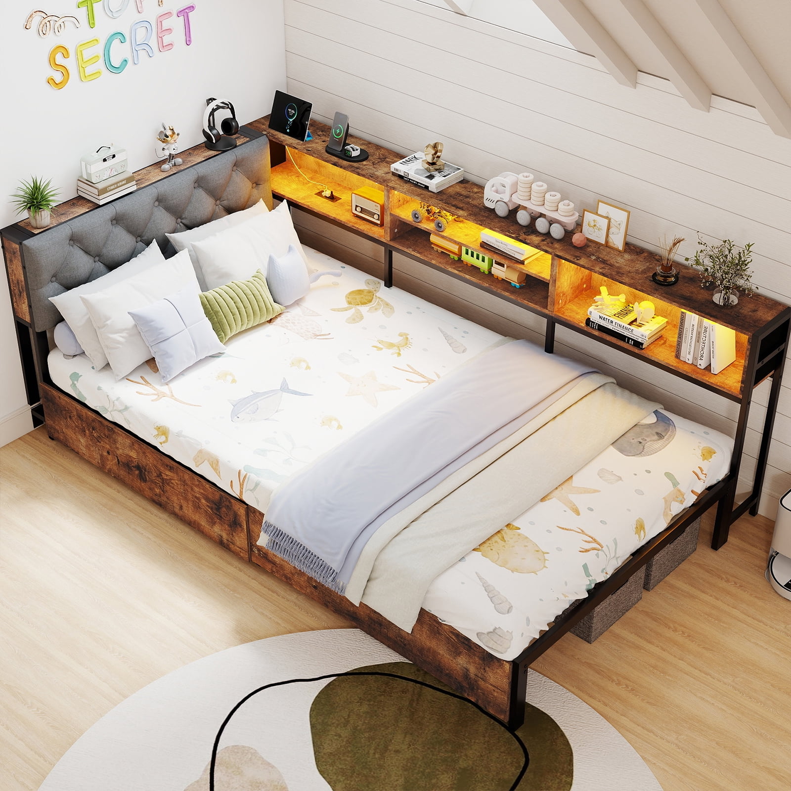 Leumius Twin Size Corner Daybed Frame, Upholstered Headboard with Bookcase Storage, 2 Drawers LED Lights & Charging Station, Noise‑Free Metal Bed Frame Brown