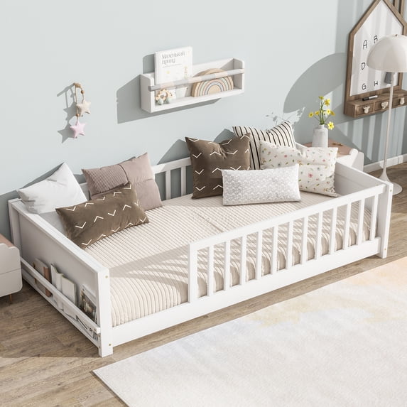Leumius Twin Size Floor Bed with Built-in Book Rack,Platform Bed for Boys Girls White