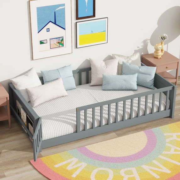 Leumius Twin Size Floor Bed with Built-in Book Rack and Door,Platform Bed for Boys Girls Grey