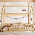 thumbnail image 1 of Leumius Twin Size Floor Bed with House Roof Frame, Fence Guardrails Montessori Floor Bed for Boys Girls Natural, 1 of 7