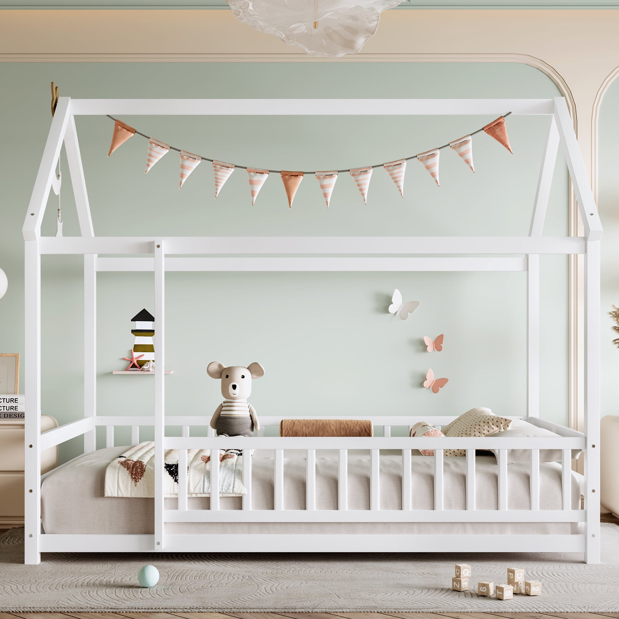 Leumius Twin Size Floor Bed with House Roof Frame, Fence Guardrails Montessori Floor Bed for Boys Girls White