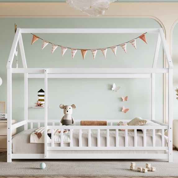 Leumius Twin Size Floor Bed with House Roof Frame, Fence Guardrails Montessori Floor Bed for Boys Girls White