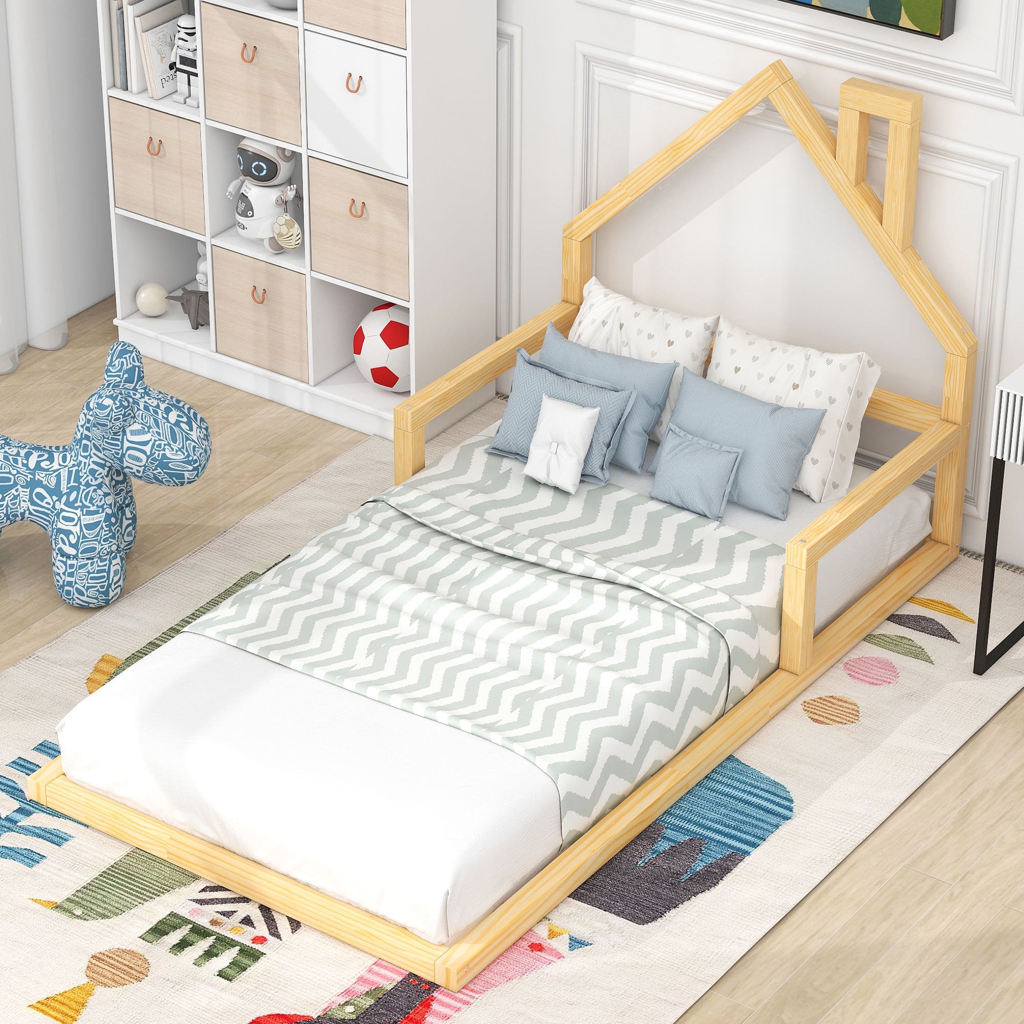 Leumius Twin Size Floor Bed with House-Shaped Headboard,Montessori Bed Low Floor Bed Frame with Slats for Boys Girls,No Box Spring Needed,Natural