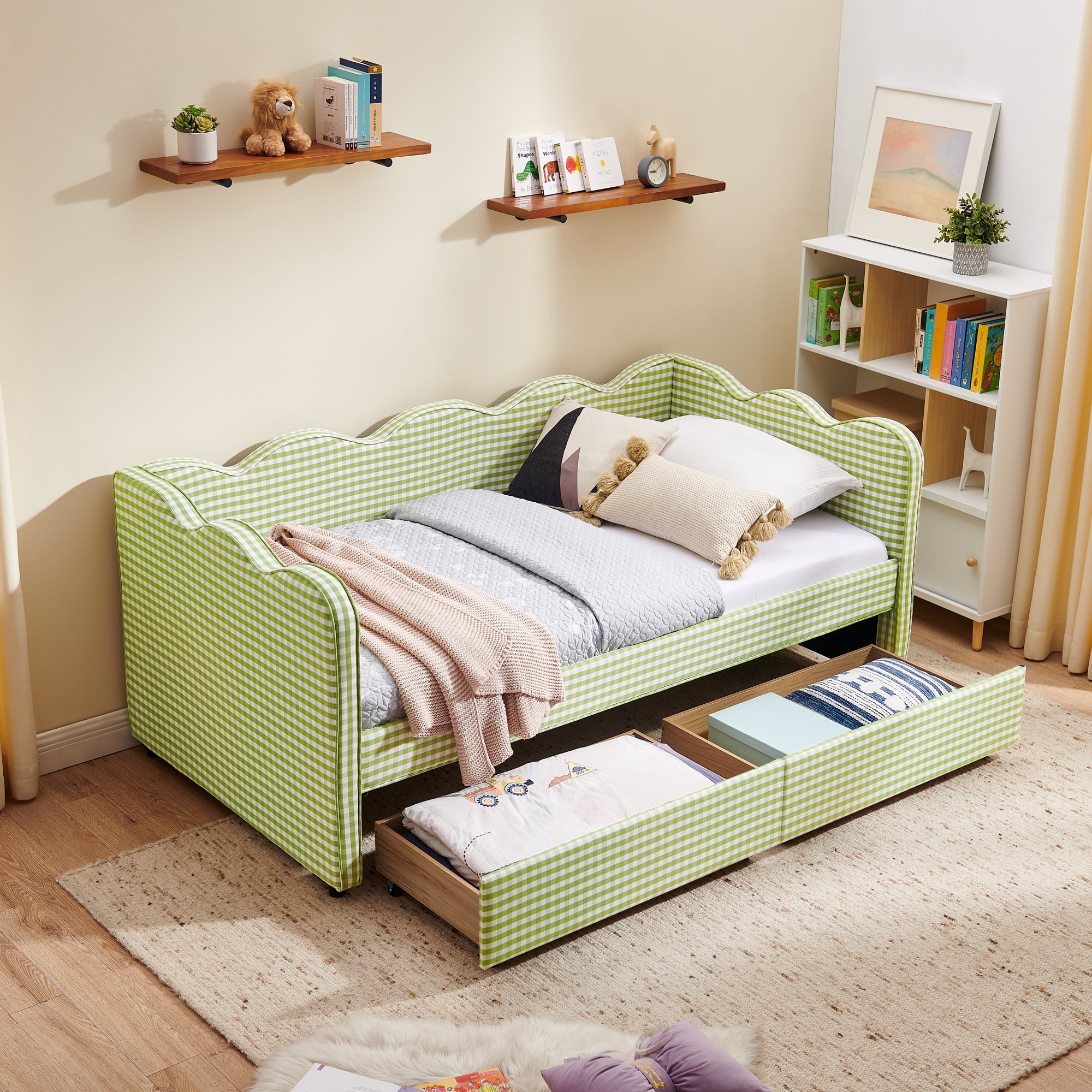 Leumius Twin Size Gingham Daybed with Storage Drawers,Modern Linen Daybed with USB Ports & Wave Shaped,Upholstered Day Bed Frame Sofa Bed for Living Room/Bedroom/Guest Room,Green