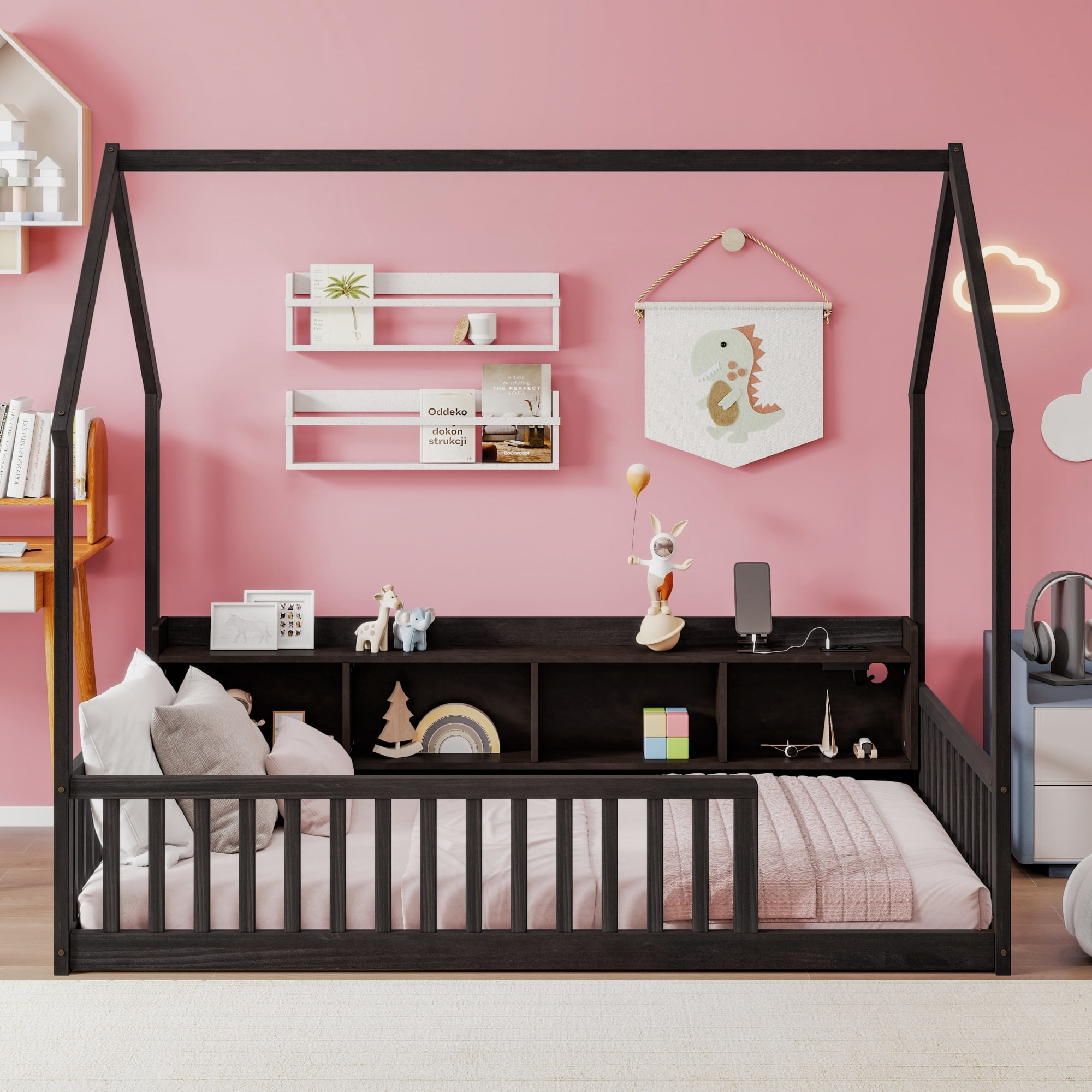 Leumius Twin Size House Floor Bed with Storage Shelves,Built-in LED Lights & Charging Station,Pine Wood Floor Bed Frame with Safety Guardrails for Kids Bedroom Espresso