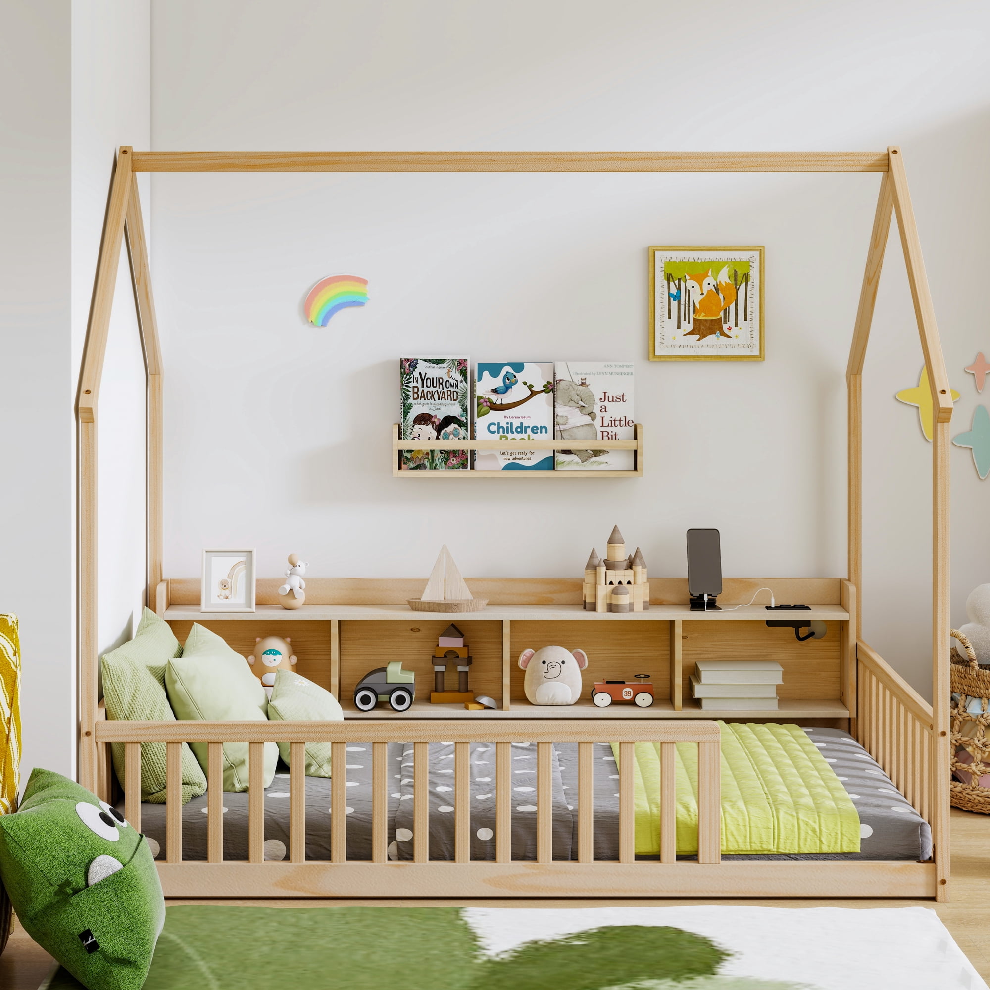 Leumius Twin Size House Floor Bed with Storage Shelves,Built-in LED Lights & Charging Station,Pine Wood Floor Bed Frame with Safety Guardrails for Kids Bedroom Natural