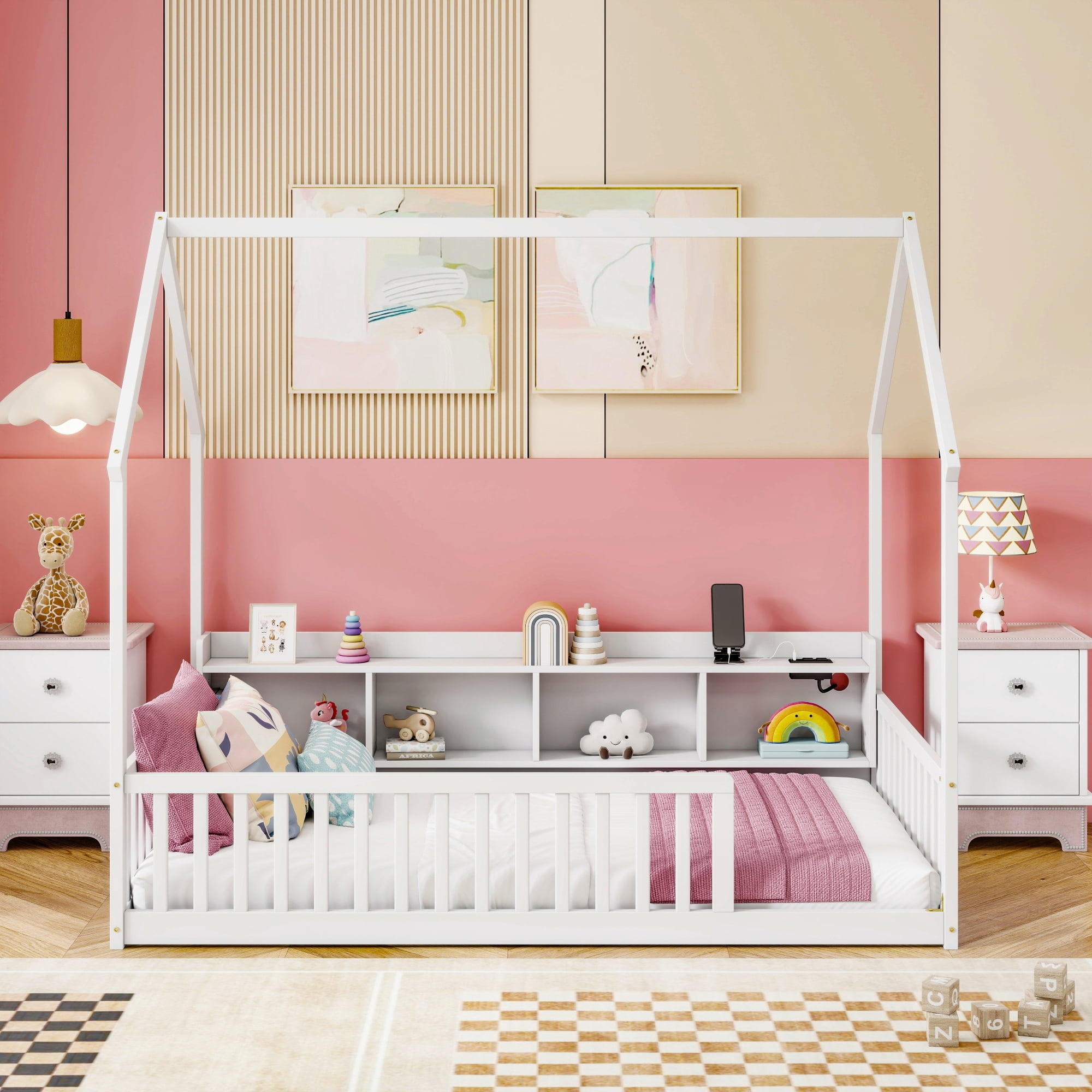 Leumius Twin Size House Floor Bed with Storage Shelves,Built-in LED Lights & Charging Station,Pine Wood Floor Bed Frame with Safety Guardrails for Kids Bedroom White