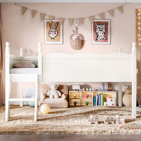 Leumius Twin Size Loft Bed with Full-Length Guardrails, Solid Wood Low Loft Bed with Ladders and Beside Book Shelf, Chic Shape and Low Profile Design for Boys Girls Beige