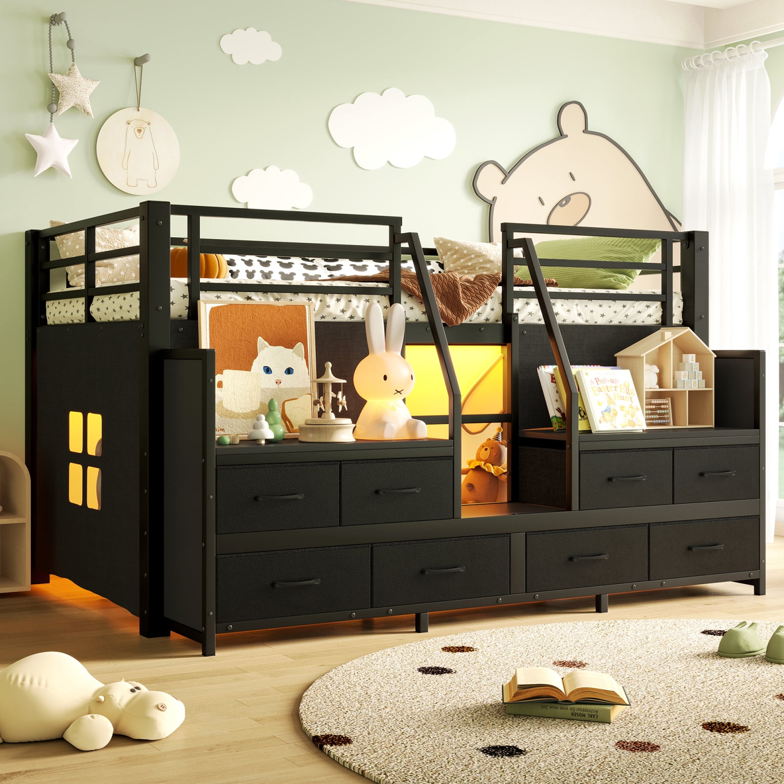 Leumius Twin Size Loft Bed with Multi-storage Spaces,Metal Low Loft Bed with Storage Drawers, Shelves,LED Lights and Independent Spaces Under Bed,No Box Spring Needed,Black