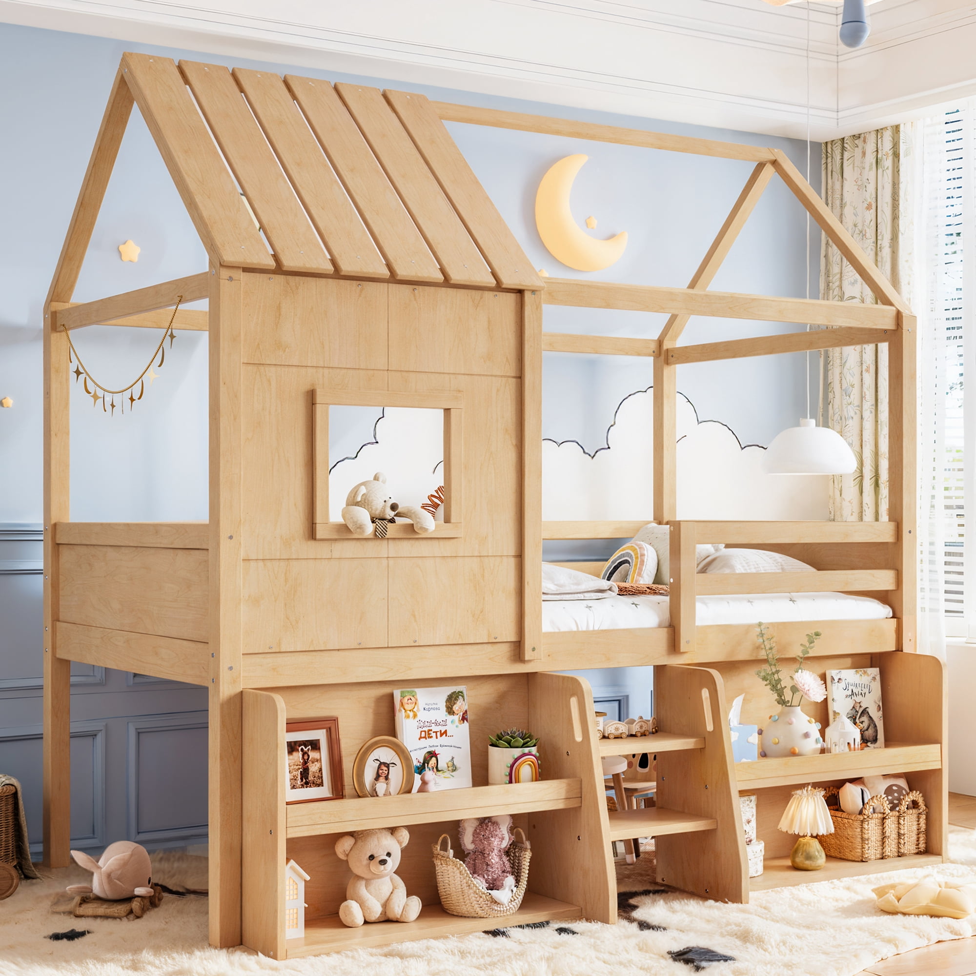 Leumius Twin Size Loft Bed with Storage Shelves and Stairs, House Loft Bed with Playhouse Shape Roof and Window, Childlike and No Box Spring Needed Design, Natural