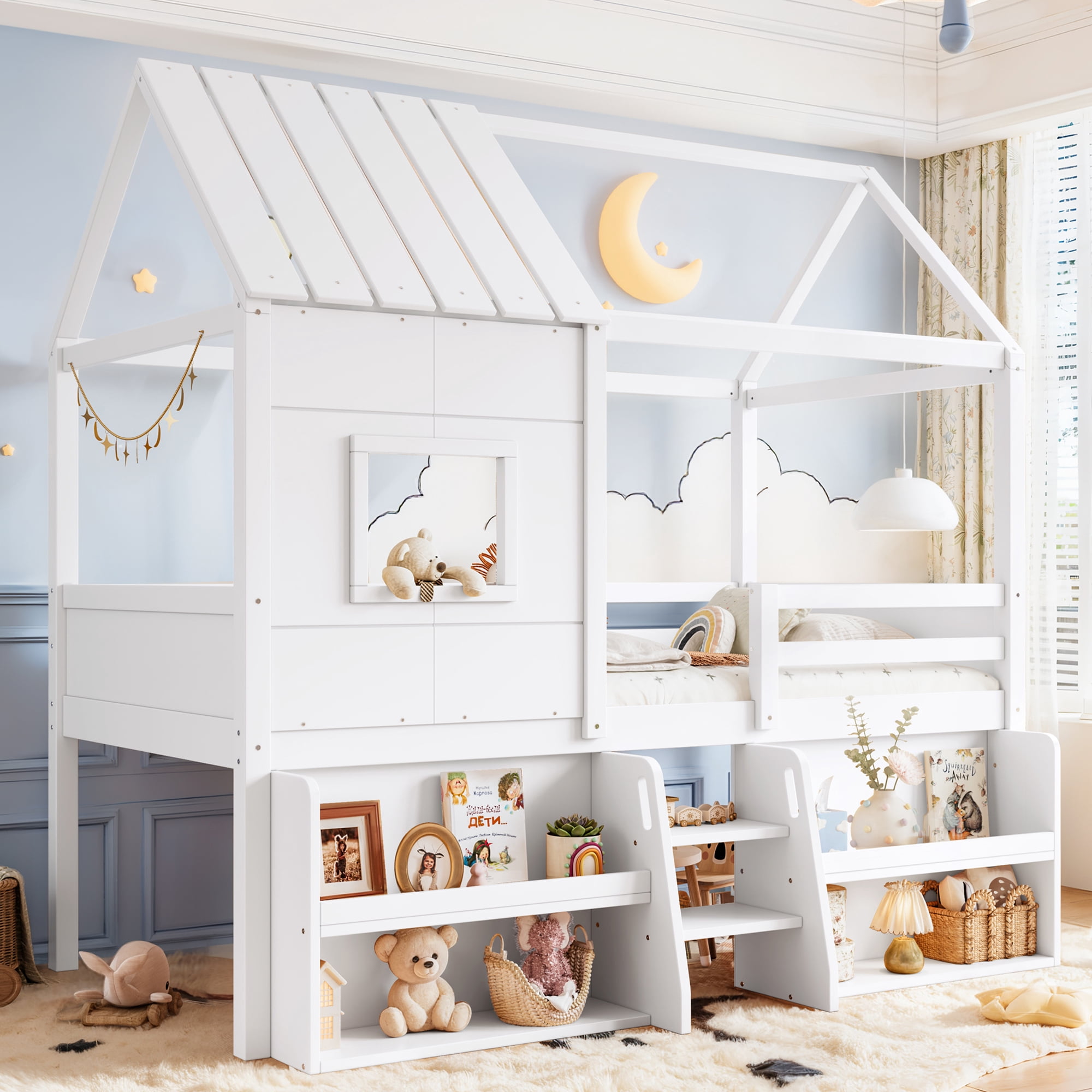 Leumius Twin Size Loft Bed with Storage Shelves and Stairs, House Loft Bed with Playhouse Shape Roof and Window, Childlike and No Box Spring Needed Design, White