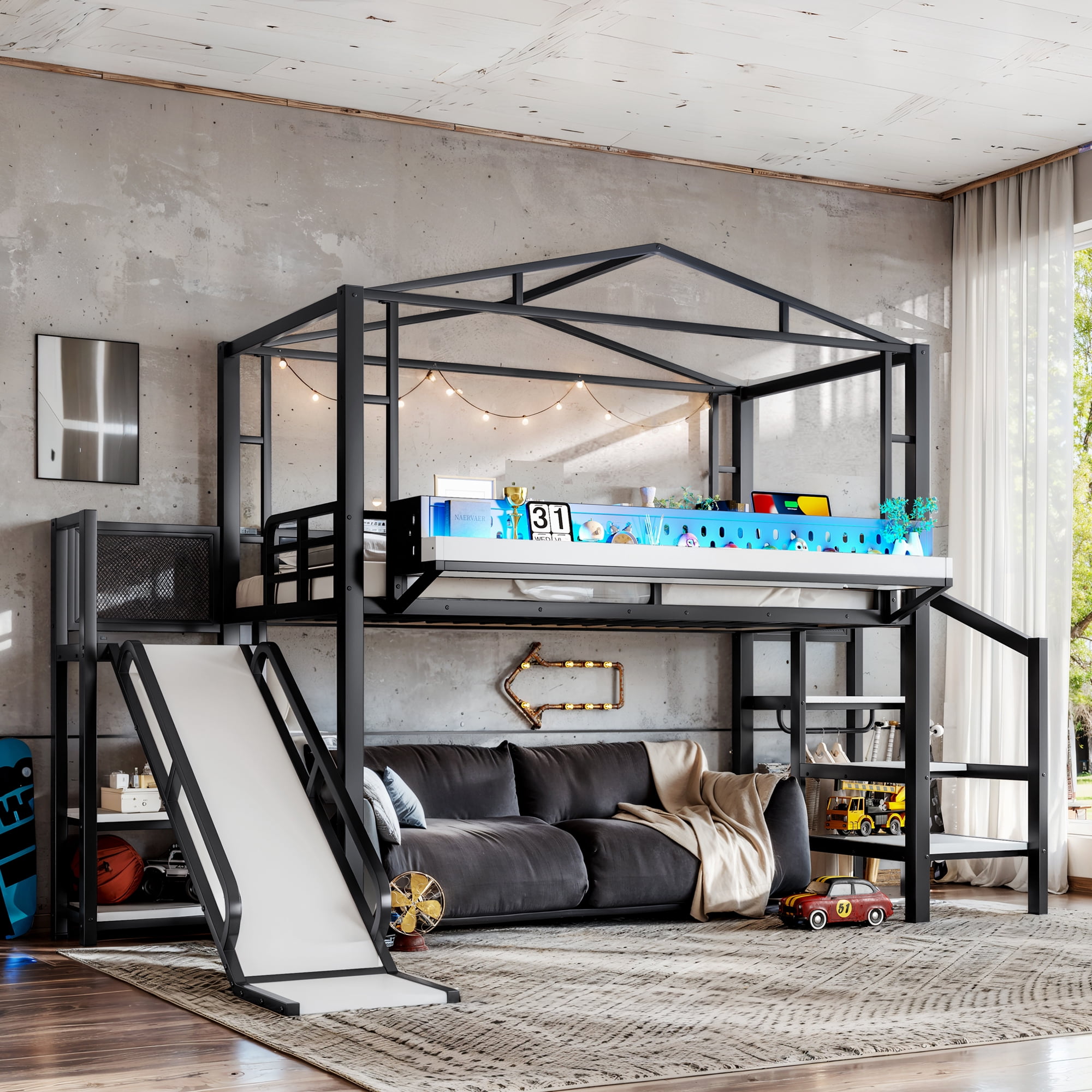 Leumius Twin Size Loft Bed with Storage Stairs, Metal Loft Bed Frame with Built-in Wardrobe,Storage Shelves,USB Ports and LED Lights,Noise-reduced Design,Black