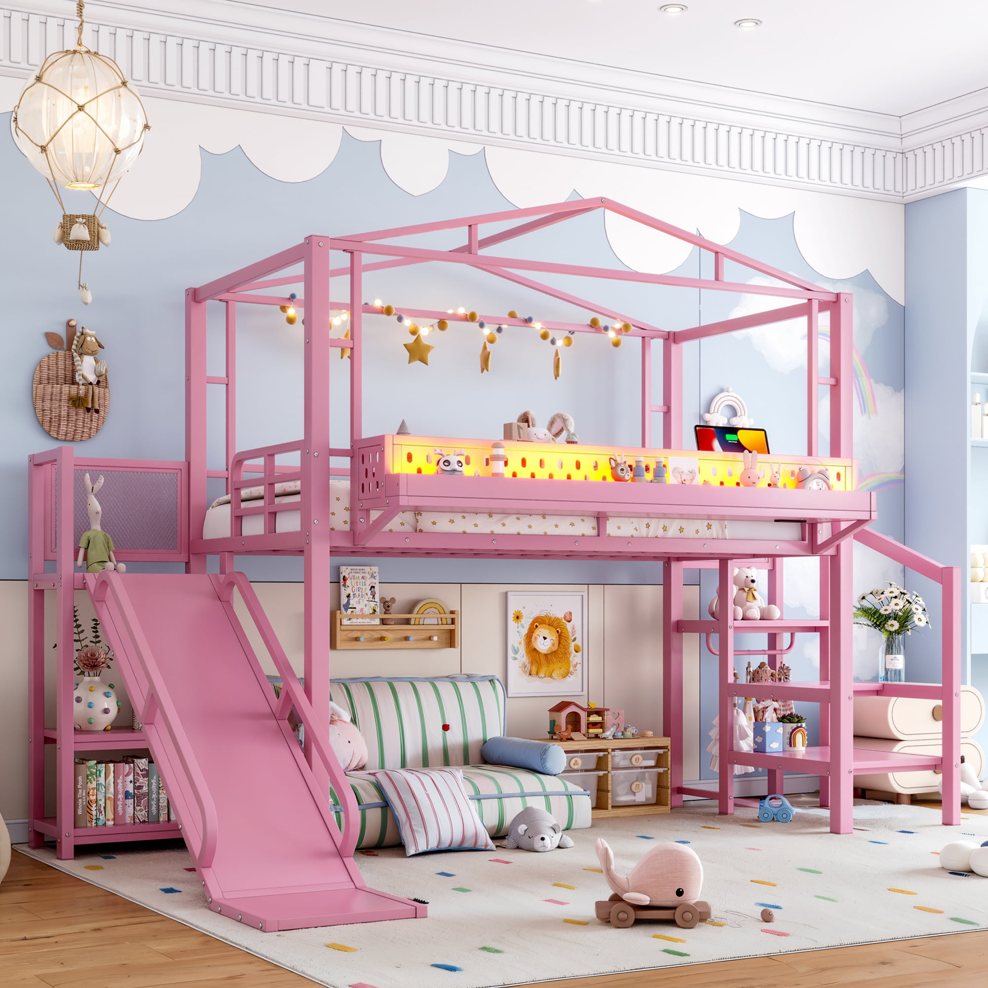 Leumius Twin Size Loft Bed with Storage Stairs, Metal Loft Bed Frame with Built-in Wardrobe,Storage Shelves,USB Ports and LED Lights,Noise-reduced Design,Pink
