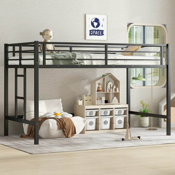 Leumius Twin Size Loft Bed for Kids, Metal Loft Bed with Easy Climbing Ladder and Guardrails, Black