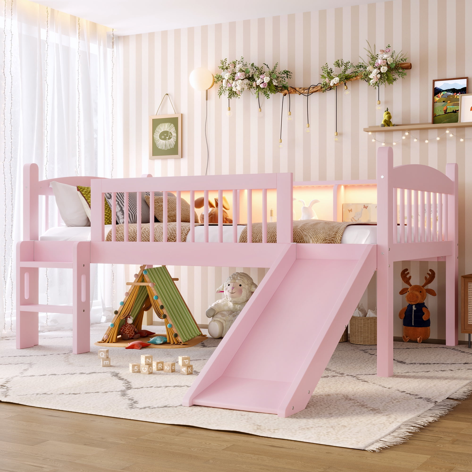 Leumius Twin Size Loft Bed with Slide,Solid Wood Loft Bed Frame with Storage Shelves,LED Lights and Full-length Guardrails,No Box Spring Needed,Pink
