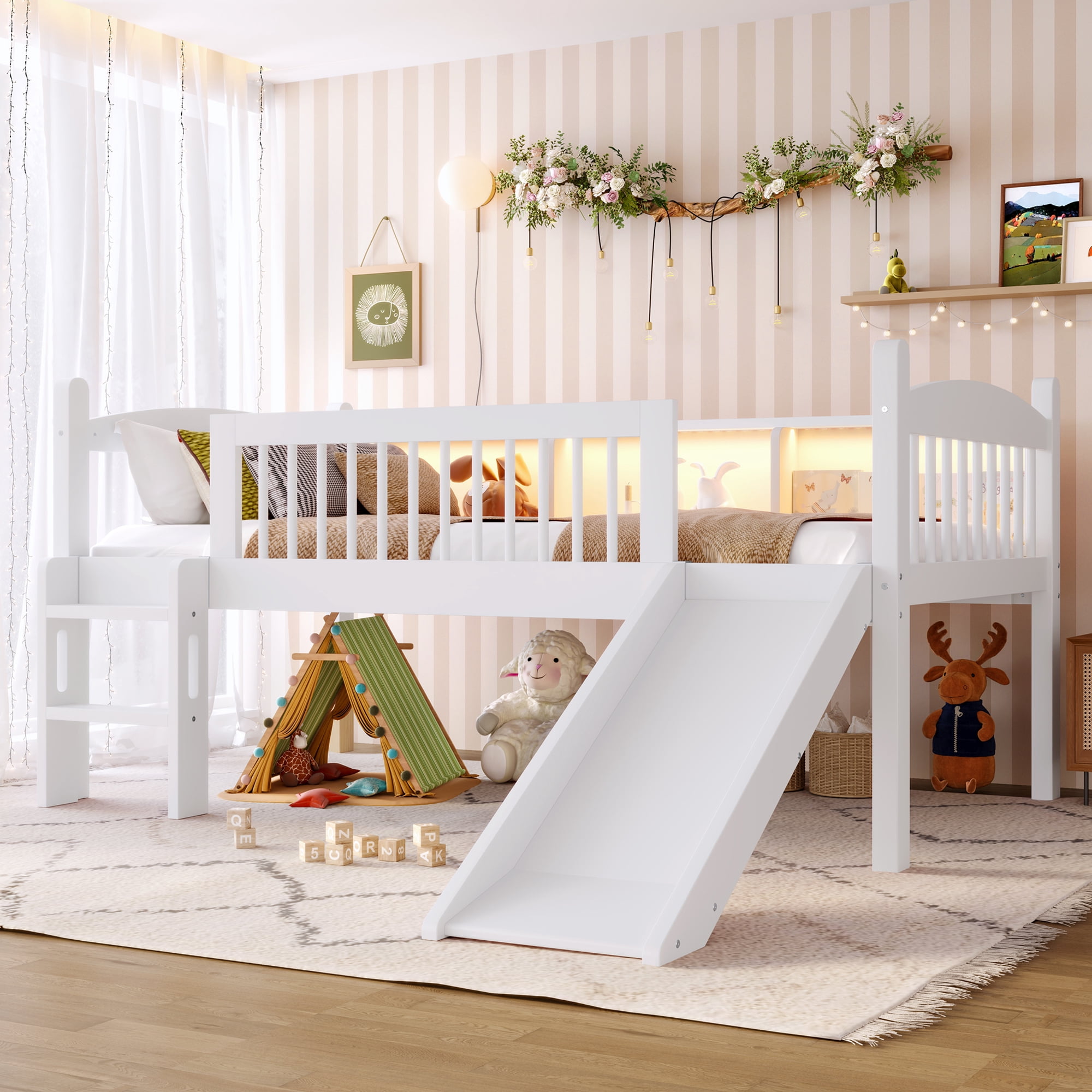 Leumius Twin Size Loft Bed with Slide,Solid Wood Loft Bed Frame with Storage Shelves,LED Lights and Full-length Guardrails,No Box Spring Needed,White