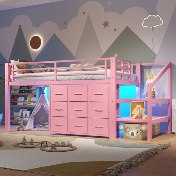 Leumius Twin Size Loft Bed with Storage Drawers and Stairs,Metal Loft Bed with Lights and Ample Under-bed Spaces,Multi-Storage Spaces,Pink
