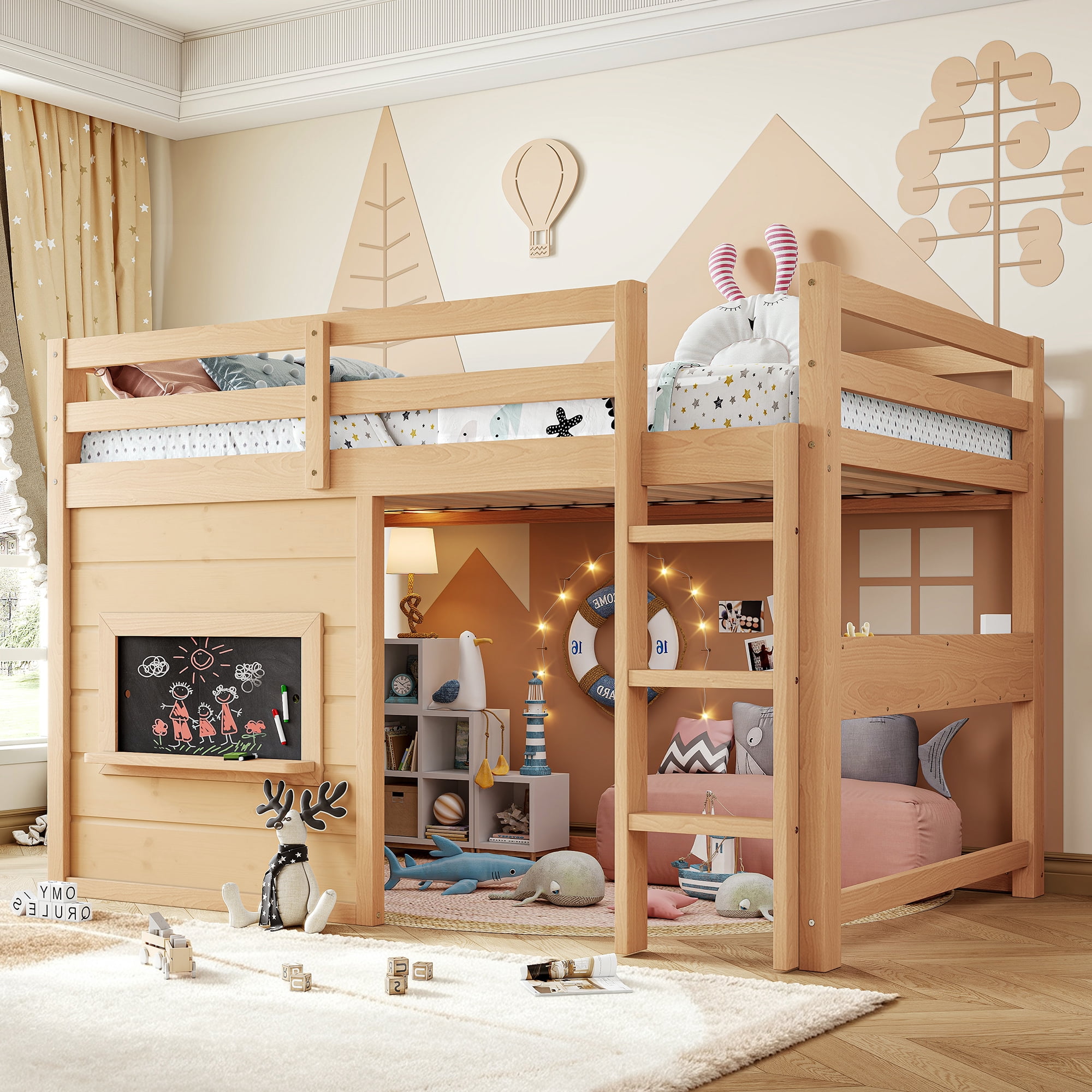 Leumius Twin Size Loft Bed with Storage Shelves,Solid Wood Low Loft Bed Frame with Chalkboard and Bookshelf,Space Saving,Light Natural