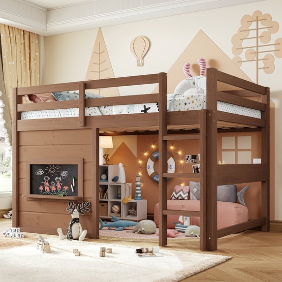 Leumius Twin Size Loft Bed with Storage Shelves,Solid Wood Low Loft Bed Frame with Chalkboard and Bookshelf,Space Saving,Natural