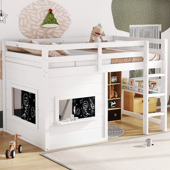 Leumius Twin Size Loft Bed with Storage Shelves,Solid Wood Low Loft Bed Frame with Chalkboard and Bookshelf,Space Saving,White