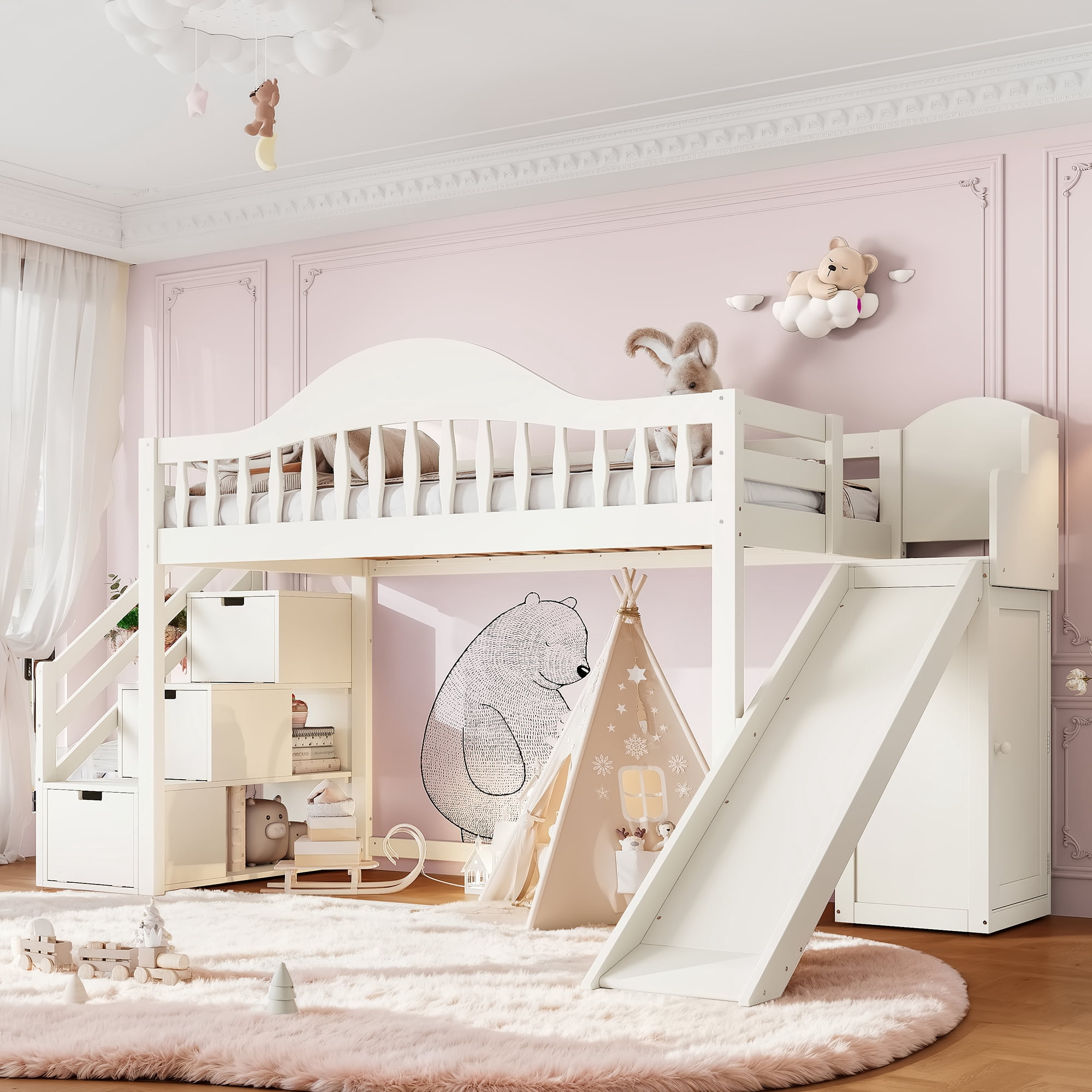 Leumius Twin Size Loft Bed with Storage Stairs, Slide & Built-in Wardrobe,Soild Wood Loft Bed Frame with High Guardrail,Beige