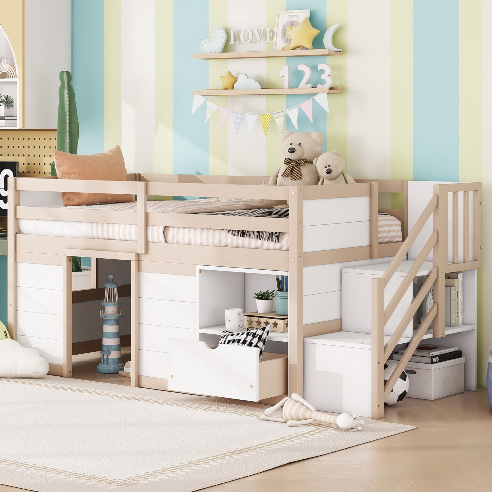 Leumius Twin Size Loft Bed with Storage Stairs and Storage Drawers,Solid Wood Bed Frame with Large Under-Bed Space,Cream White