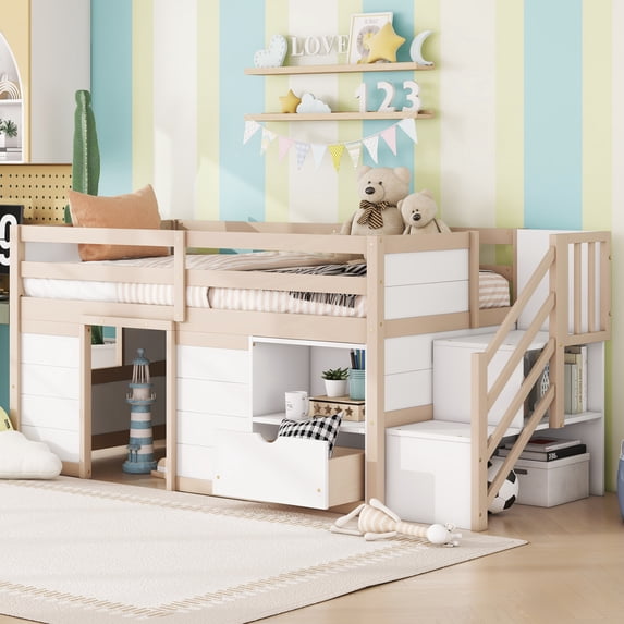 Leumius Twin Size Loft Bed with Storage Stairs and Storage Drawers,Solid Wood Bed Frame with Large Under-Bed Space,Cream White