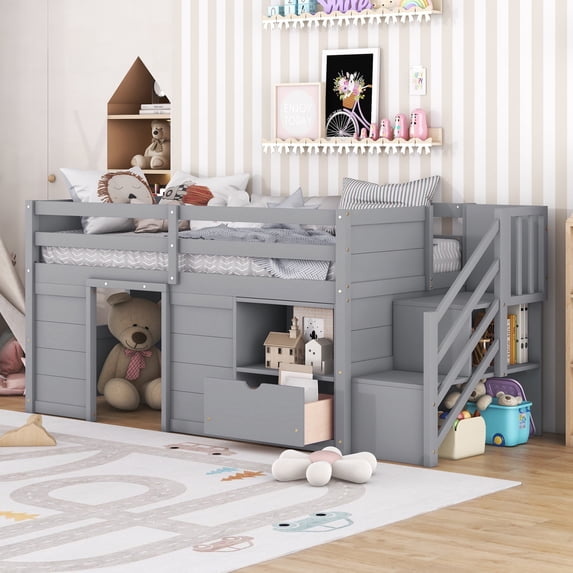 Leumius Twin Size Loft Bed with Storage Stairs and Storage Drawers,Solid Wood Bed Frame with Large Under-Bed Space,Gray