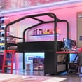 thumbnail image 1 of Leumius Twin Size Low Loft Bed with Side Desk and Usb Ports, Gaming Style Metal Loft Bed with Led Lights, Storage Cabinets and Chic Canopy Design for Bedroom Guests Black, 1 of 9