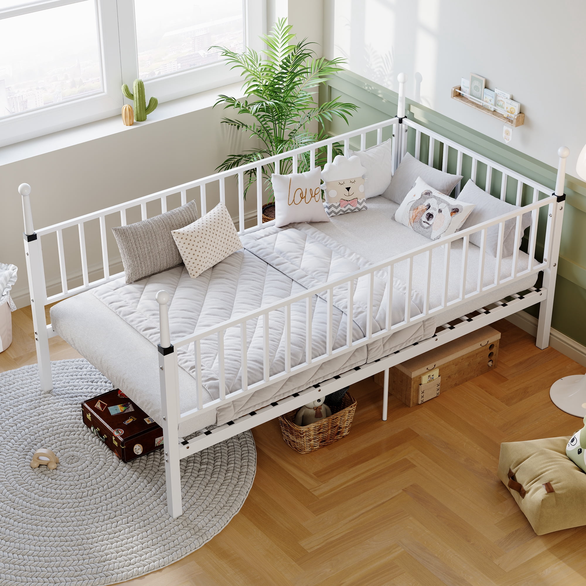 Leumius Twin Size Metal Bed Frame,Sturdy Durable Metal Bed Frame with Bed Posts,No Spring Mattress Required,White