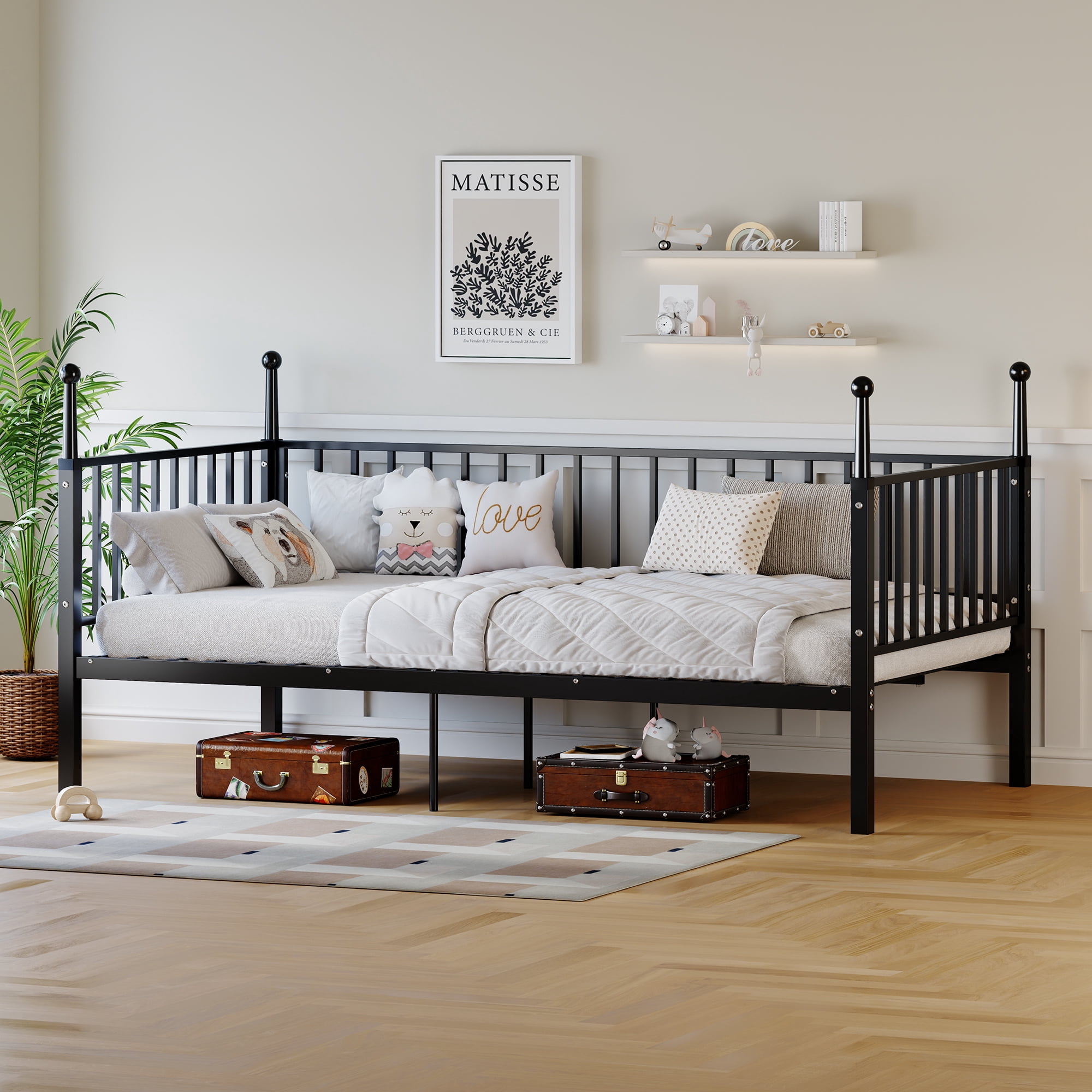 Leumius Twin Size Metal Bed Frame with Bed Posts,Sturdy and Durable,No Spring Mattress Required,Black