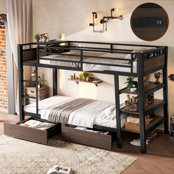 Leumius Twin Size Metal Bunk Bed with 2 Storage Drawer,Heavy Duty Metal Bed Frame with Storage Shelves , LED light Strip and USB Power Strip,Black
