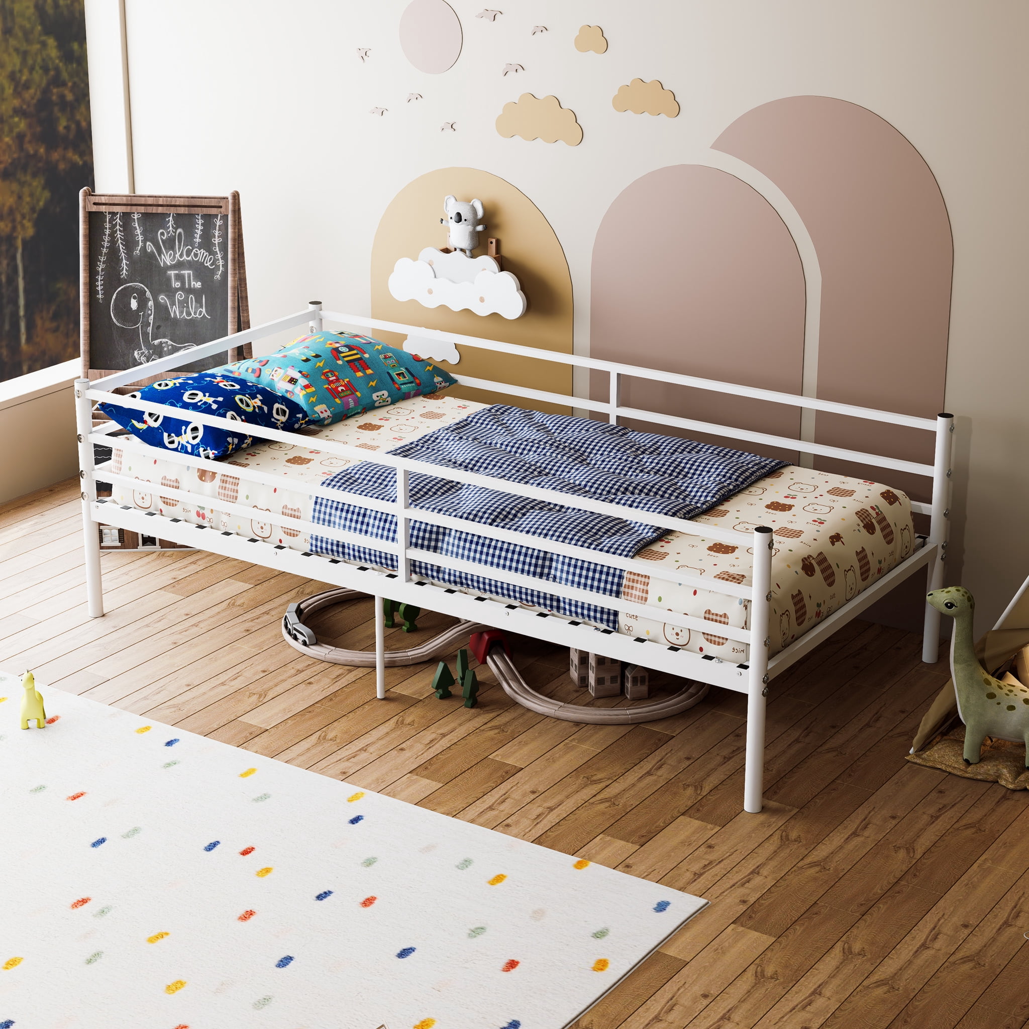 Leumius Twin Size Metal Platform Twin Bed,Heavy Duty Metal Platform,Sturdy and Durable,No Spring Mattress Required,White02