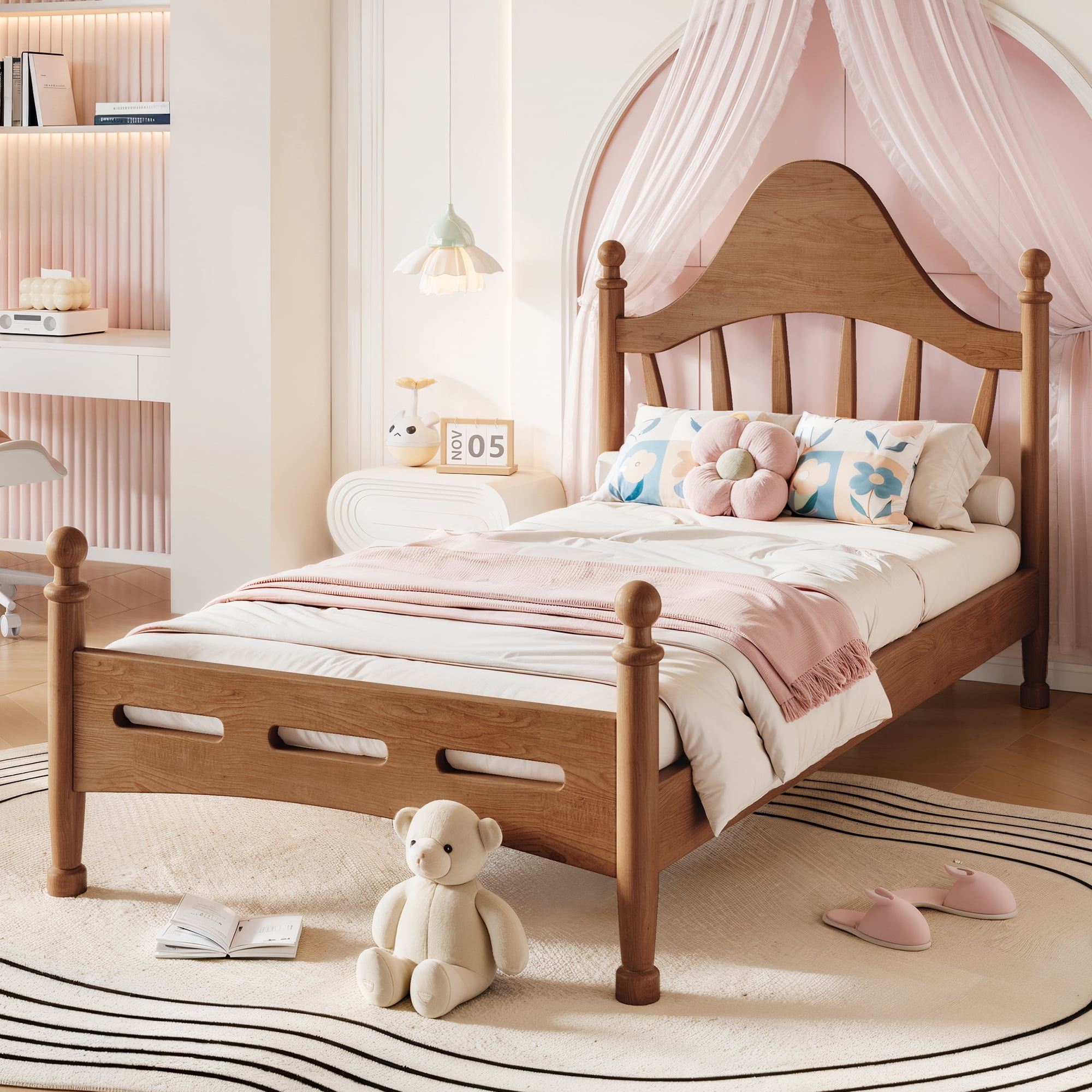 Leumius Twin Size Platform Bed with Chic Headboard, Solid Wood Bed Frame with Slatted Support, Low to Ground Design for Bedroom Brown