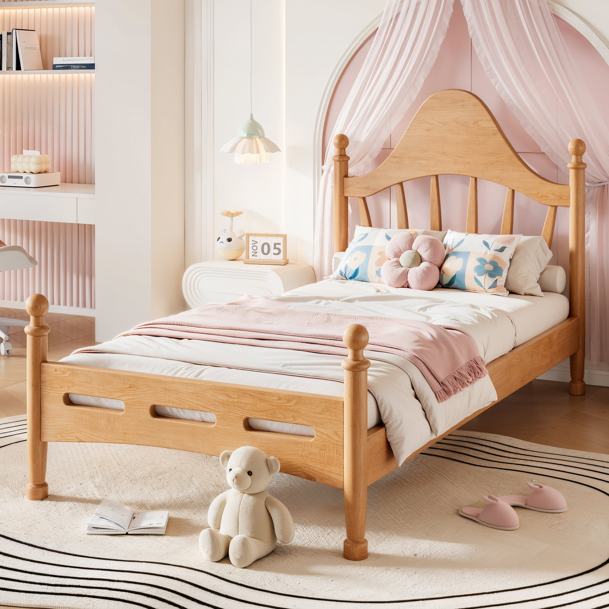 Leumius Twin Size Platform Bed with Chic Headboard, Solid Wood Bed Frame with Slatted Support, Low to Ground Design for Bedroom Natural