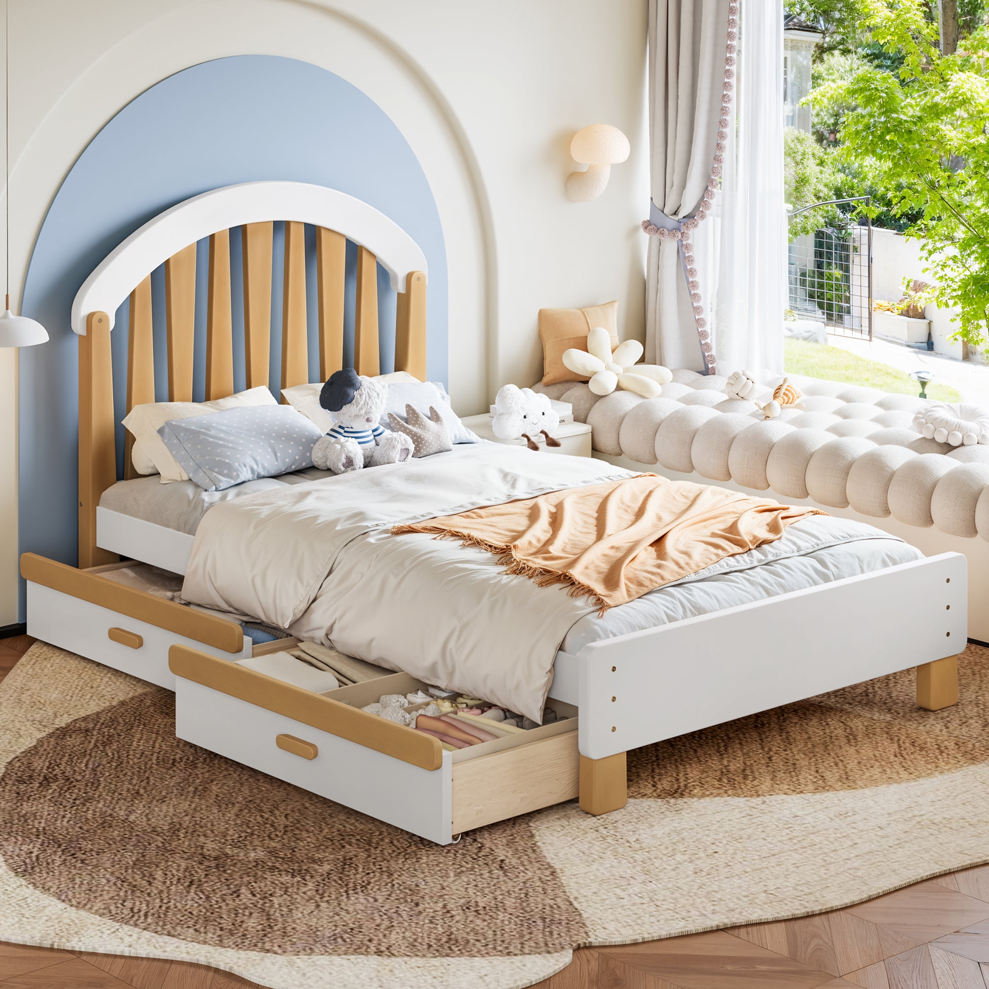 Leumius Twin Size Platformbed Frame with Storage Drawer, Wood Twin Bed Frame with Round Headboard for Bedroom White & Natural