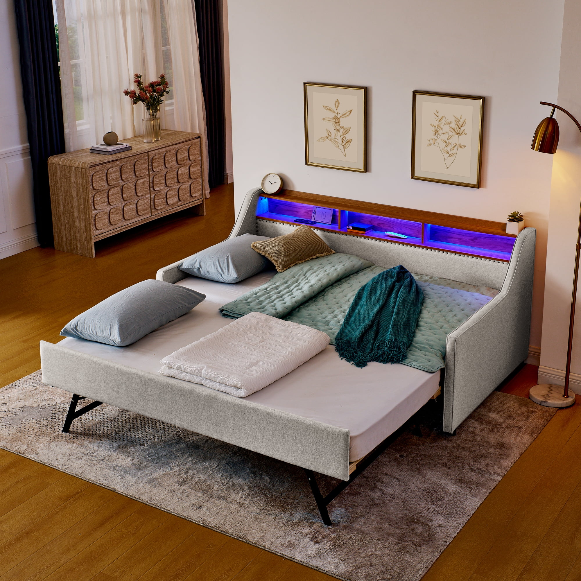 Leumius Twin Size Upholstered Daybed with Trundle,Comfy Sofa Bed with LED Lights,Wireless Charging,Storage Adjustable Headboard,Beige