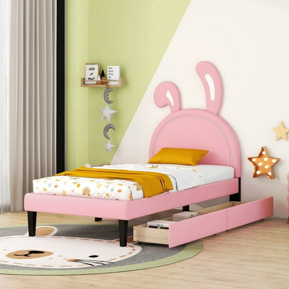 Leumius Twin Size Upholstered Platform Bed with 4 Drawers & Rabbit Ornament Headboard,PU Leather Bed Frame for Boys and Girls,Pink