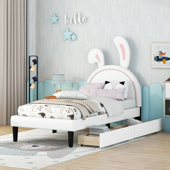 Leumius Twin Size Upholstered Platform Bed with 4 Drawers & Rabbit Ornament Headboard,PU Leather Bed Frame for Boys and Girls,White