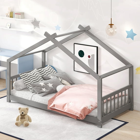 Leumius Twin Size Wood House Bed for Kids,Montessori Floor Bed Frame with Headboard and Footboard,Playhouse Bed for Girls Boys(Twin, Gray)