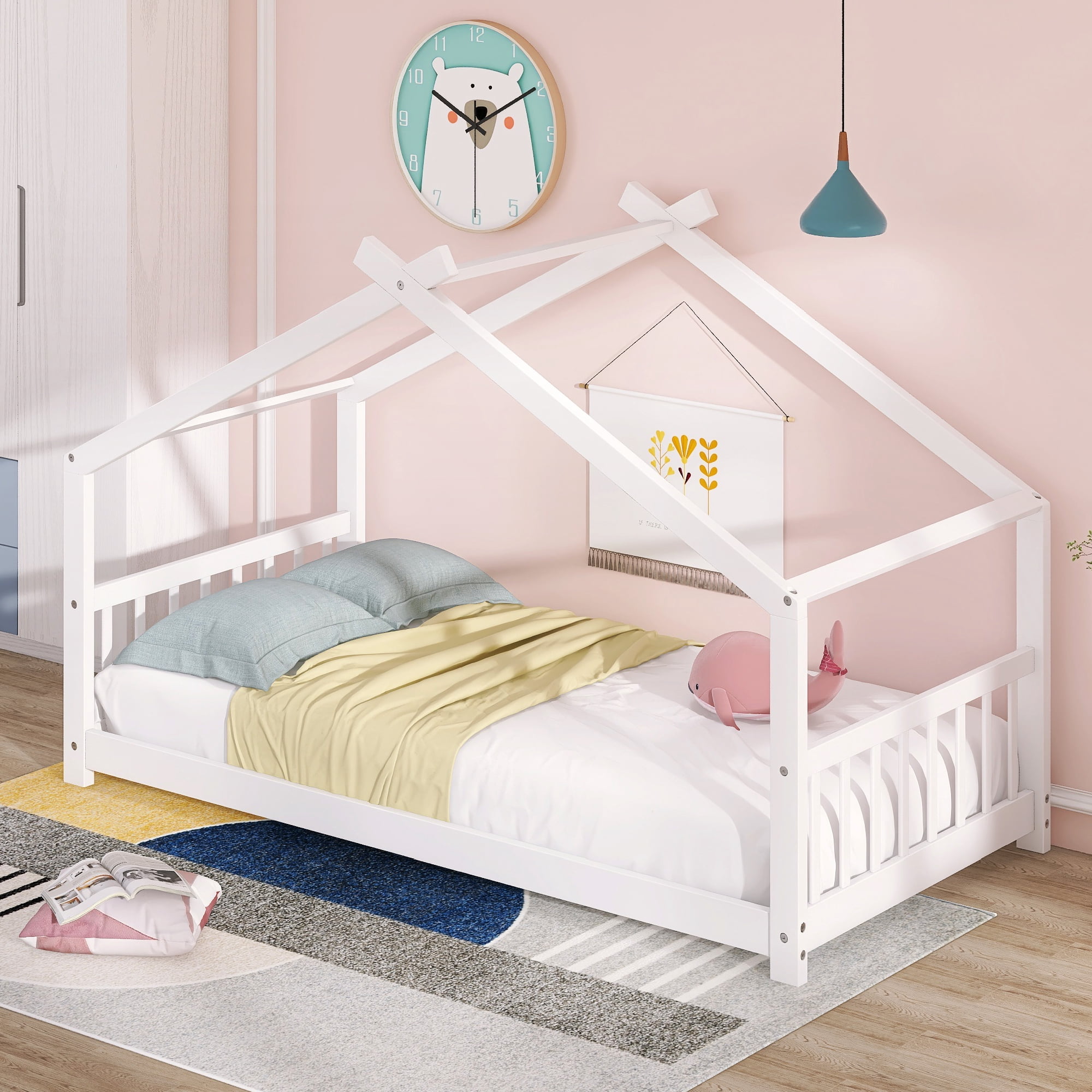Leumius Twin Size Wood House Bed for Kids,Montessori Floor Bed Frame with Headboard and Footboard,Playhouse Bed for Girls Boys(Twin, White)