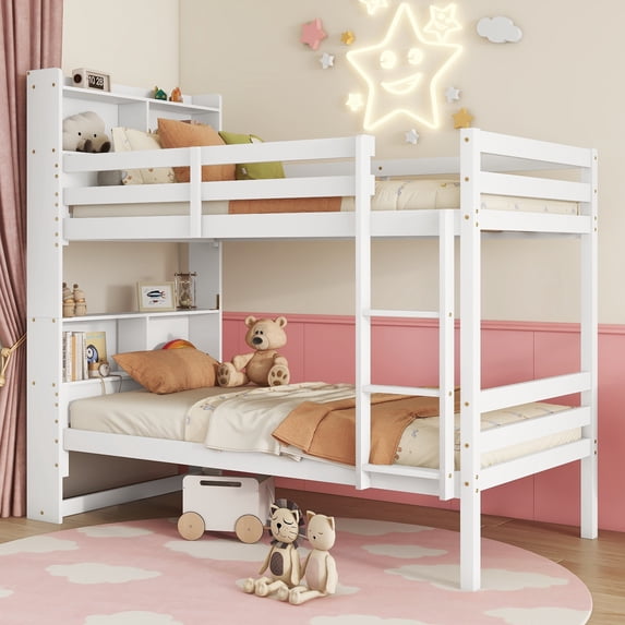 Leumius Twin Over Twin Bunk Bed with Shelves , Rubber Wood Bed with Shelves Headboard, Safety Guardrails and Ladder, Convertible to 2 Beds for Boys Girls White