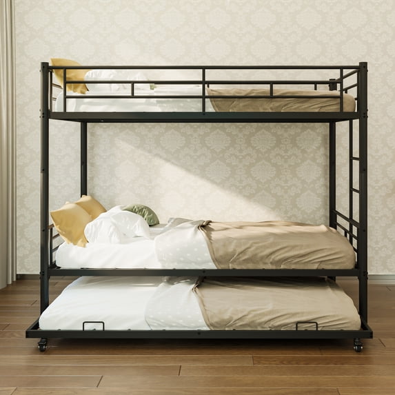 Leumius Twin over Twin Bunk Bed with Trundle,Heavy Duty Metal Bed Frame with Full-Length Guardrail and Ladders for Kids/Teens/Adults,Space-Saving,Black