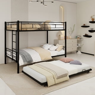 Leumius Twin over Twin Bunk Bed with Trundle,Heavy Duty Metal Bed Frame with Sturdy Guardrail and Ladders,Triple Bunk Bed,Separates Into 3 Twin Beds,Black