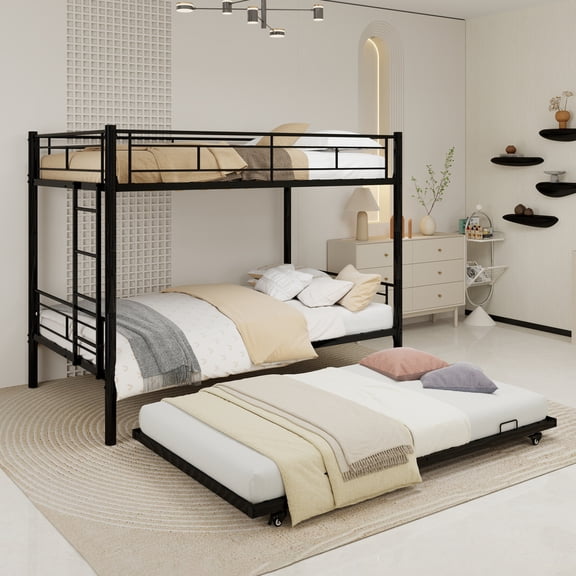 Leumius Twin over Twin Bunk Bed with Trundle,Heavy Duty Metal Bed Frame with Sturdy Guardrail and Ladders,Triple Bunk Bed,Separates Into 3 Twin Beds,Black